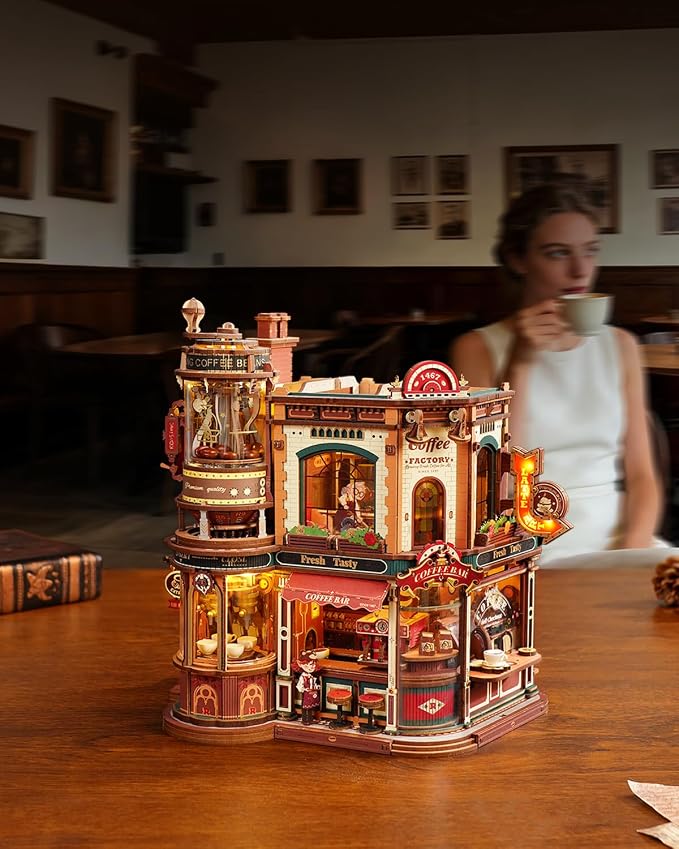 ROKR Moving Dream Coffee Factory DIY Miniature House Kit - 3D Wooden Puzzles for Adults with Music Box & LED Lights, No Glue Kinetic Model Building Kit, Unique Home Decor Gifts for Adults Women Men