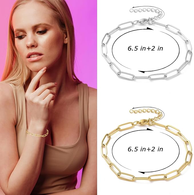 Exway 10 Pcs Paperclip Charm Bracelets Chain 6.5 Inch Stainless Steel Gold Chain Bracelets Kit with Lobster Clasps for Crafts DIY Women Jewelry Making