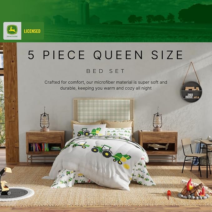 Franco Kids John Deere Farm Equipment Bedding 5 Piece Super Soft Comforter and Sheet Set, Queen, (Officially Licensed Product)