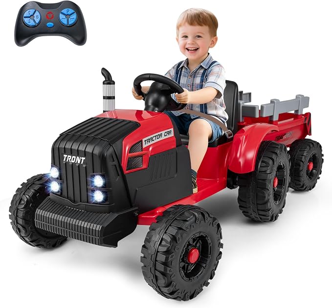 Costzon 24V Ride on Tractor with Detachable Trailer, Kids' Electric Vehicles with 3 Speeds, 15° Climbing, Wireless Design, Horn & Music, Remote Control Tractor Toy for Kids 3+,Gift (24V, Red)