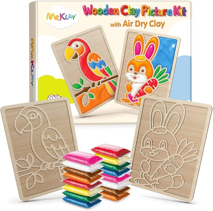 Air Dry Clay for Kids - Modeling Clay for Kids DIY Arts and Crafts Kit with 16 Soft Colored Magic Clay Bags & 2 Engraved Wooden Boards - Wooden Clay Picture Kit for Boys and Girls Ages 4-8