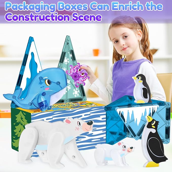 Oriate Magnet Arctic Animals for Magnetic Tiles, 6pcs Movable Joints Zoo Animals for Magnetic Blocks, Animal Toys Compatible with Magnetic Tiles, Educational Magnetic Building Tiles for Kids