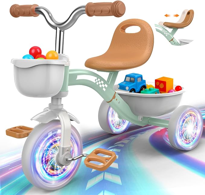 Kkdi Toddler Tricycle for 1-3 3-5 Year Olds, 2 3 4 5 Year Old Girl Boy Birthday Gifts, Toddler Baby Bike, 4-Level Adjustable Seat, 3 Color Light Wheels, 2 Baskets, Outdoor Riding Toys for Ages 2-4