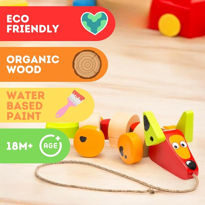 Cubika Wooden Walk Along Sausage Dog – Pull Toy for Toddlers Ages 1-3 – Montessori Inspired, FSC-Certified Wood, German Water-Based Paint – Travel Wooden Toys for Boys and Girls