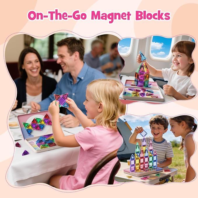 WMXDU Mini Magnetic Tiles with Iron Box, 42PCS Travel Size Magnet Building Blocks Toy Set, Protable Construction Block Toys Educational Learning Sensory Toys for 3+ Year Old Boys Girls Birthday Gift