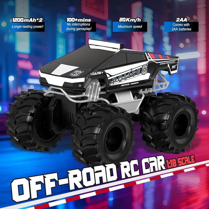 Police Remote Control Car, 1:18 Cyber Truck Remote Control Car, 2.4 GHz Waterproof Amphibious RC Cars, 4WD All Terrain Off-Road Pickup, 360° Rotatable Monster Truck Toys for Boys RC Cars Ages 6+