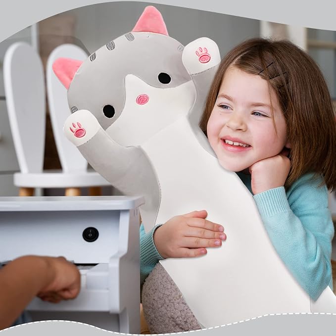 Long Cat Plush Pillow, 43.3in Cute Cat Plushie Stuffed Animals Body Pillow, Grey Kawaii Kitten Soft Plushie Doll Toy Birthday Gift for Children Girlfriend
