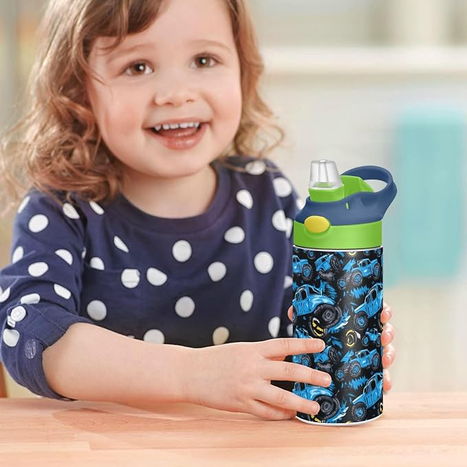 Boccsty Abstract Monster Trucks Kids Water Bottle with Straw Lid Tire Tracks Car Insulated Stainless Steel Reusable Tumbler for Boys Girls Toddlers 12 oz Green