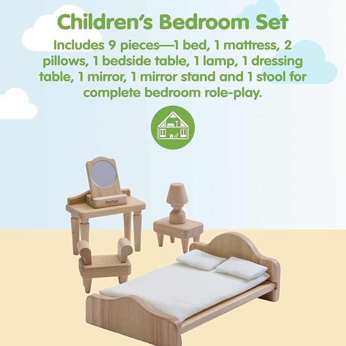 PlanToys® Wooden Victorian Bedroom Set | Montessori Dollhouse Furniture for Daily Routine Play, Social Skills & Imaginative Storytelling | Eco Friendly Wooden Bedroom Accessories for Dollhouse