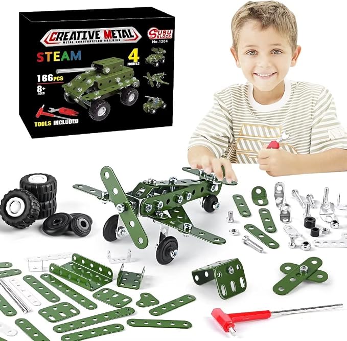 Ferthor Fun Metal Building Military Series Assembly Toys,Small Construction Set for Kids Ages 4-8, Military Toys for Boys Age 8-12,STEM Toy Gifts for Model Army Kit(166pcs No Motor)