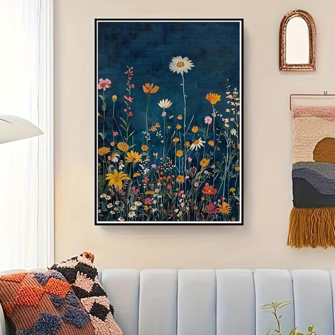 Paint by Numbers for Adults and Kids Beginner, Rustic Dark Blue Colorful FlowerPainting by Number Kits On Canvas, Number Artist Paint by Number Kit Oil Painting Acrylic Paints, Home Wall Decor Gift