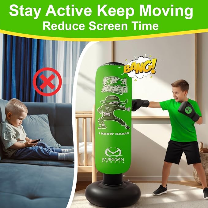 Marwan Sports Ninja Kids Punching Bag — Inflatable Sensory Toy & Birthday Gift for Boys & Girls Ages 4-12, 63" Freestanding 5-in-1 Kit, Indoor Apartment-Quiet Sensory-Friendly Active Play