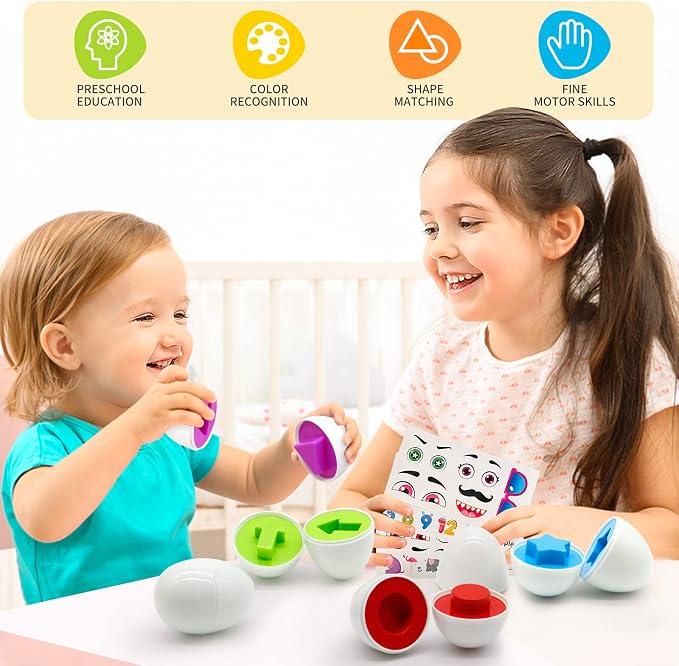 MOONTOY Matching Eggs for Toddlers 2-4, 12PCS Preschool Educational Learning Color & Shape Sorter Sensory Montessori Toy Toddler Easter Eggs Basket Stuffers Gift for 18M+ Year Old Kid Baby Boy Girl
