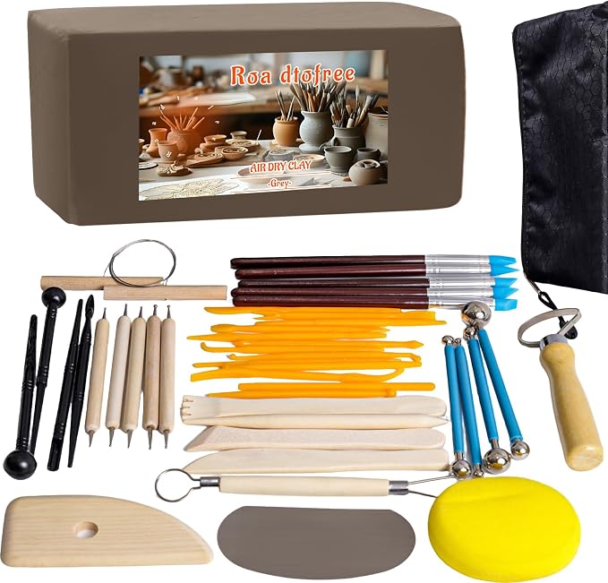 Air Dry Clay Kit 10 LBs + 42 Pcs Pottery Tools - Non-Toxic Organic Clay for Sculpting, Hand Modeling & Throwing, Art Classes Ceramics Workshops (Grey)