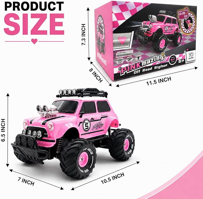 10Leccion Remote Control Car for Girls, Pink RC Truck with 2 Rechargeable Batteries, 2.4GHz Kids RC Monster Truck Toy, Easy Control Birthday Gift for Girls Ages 3-8