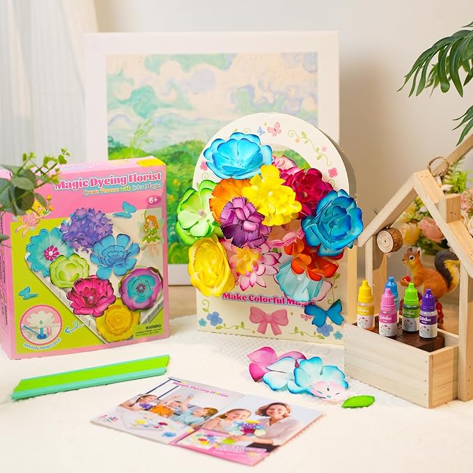 Coodoo DIY Flower Craft Kits, Magic Dyeing Florist Bouquet Maker Art Supplies Arts and Crafts for Kids Ages 4-6 4-8 8-12, STEM Montessori Toddler Kids Toys Birthday Easter Gifts for Girls Boys