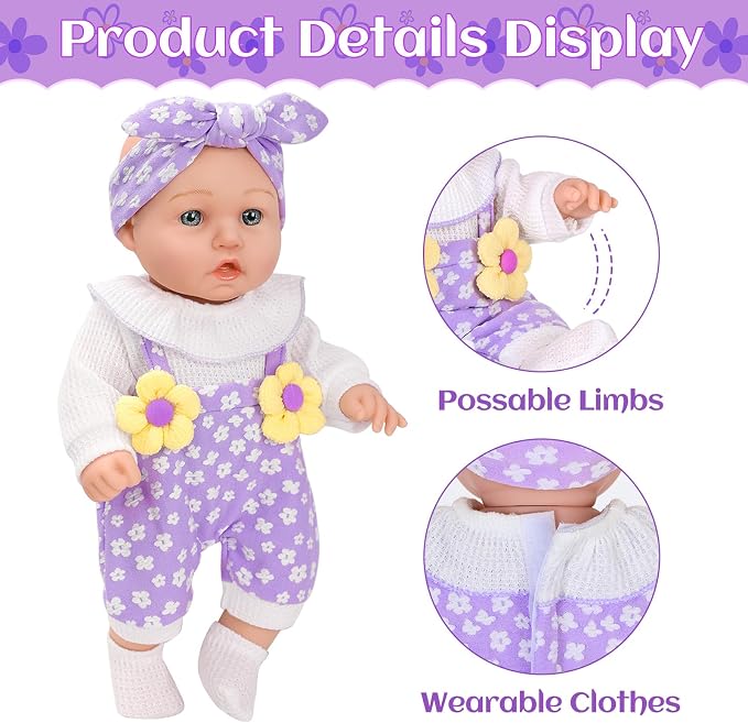 12" Flower Pattern Baby Doll With Backpack Carrier Can Store Clothes and Accessories,12 Inch Baby Dolls Set In Gift Box With Hanky Pacifier Bottle Pretend Baby Care Toy For Girl Child Toddler 3+ Gifts