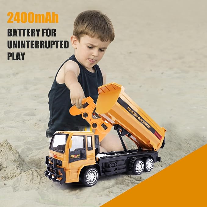 Jiakora Remote Control Dump Truck for Kids, 2.4GHz RC Construction Vehicle with LED Lights, 45° Dumping Function, 2 Rechargeable Batteries, Toy Truck for Boys Girls 3 4 5 6 7 8 Years Old