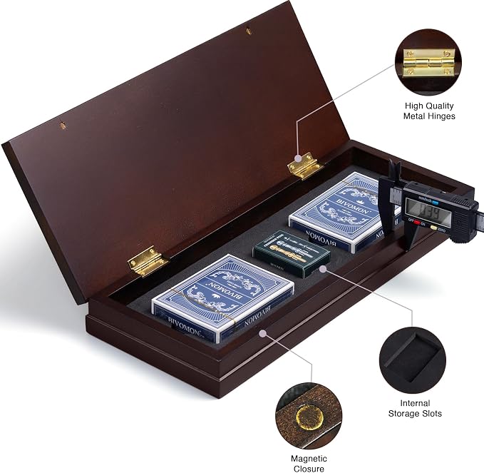 BIVOMON Wooden Cribbage Board Game Set with Large Storage Area, 3 Track Cribbage Board, 9 Metal Pegs｜2 Playing Cards｜Magnetic Lock, Family Travel Portable Tabletop Game for Adults & Kids (Instruction)