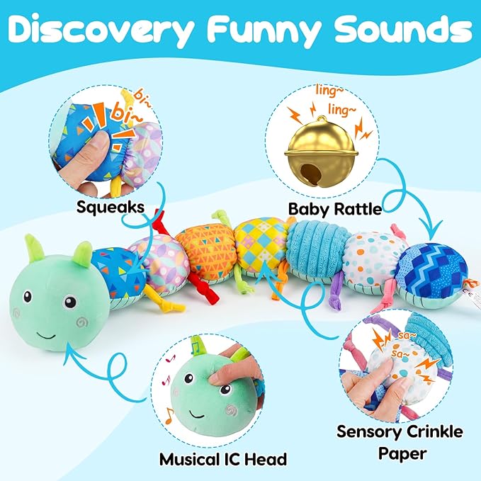 Baby Tummy Time Toys 0-6 Month Musical Stuffed Animal Plush Caterpillar Toy for Infant 6-12 Month Teething Sensory Toy with Crinkle Rattle for Babies 0-3-6 Month Newborn Boy Girl Easter Basket Stuffer