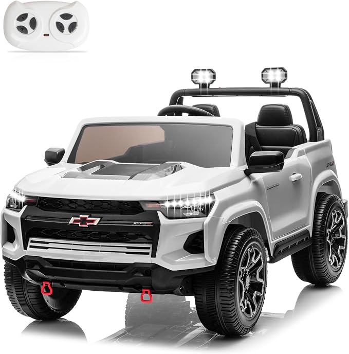Winado 24V Licensed Chevrolet Colorado Electric Car for Kids, Ride on Toys for Toddlers with Remote Control, 2 Seater Electric Car Ride On Vehicle w/Bluetooth, Soft Start, LED Lights - White