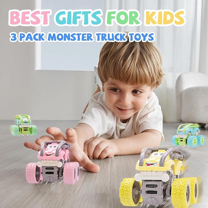 Monster Truck for Boys 3 4 5 6 7 Year Old,4 Pack Push and Go Friction Powered Car Toys, Double-Directions Inertia Pull Back Vehicle Set,Birthday Party Gift for Kids (Type_E)