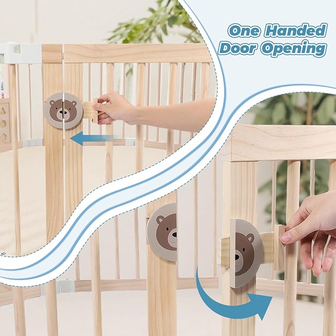 Foldable Wooden Baby Playpen with Mat, Play Yard (56 * 56 * 25 Inch) | Activity Center with Gate, Thickened Wood Adjustable, Easy to Assemble, Birthday Gift for Toddlers