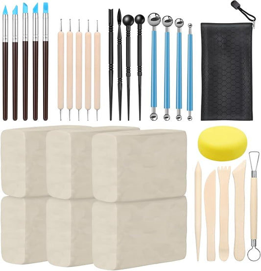 ZEHIQ Premium Air Dry Clay Kit, 6.6LBs Natural White Pottery Clay with 25 Pcs Clay Sculpting Tools, Modeling Clay for Pottery Wheel & Craft Projects, Ideal for All Skill Levels (White & Tools)