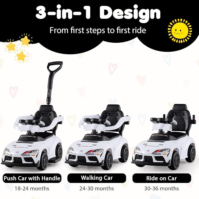 Costzon Push Car for Toddlers, 3 in 1 Toyota Licensed Stroller Sliding Walking Car w/Handle, Music, Safety Guardrail, Under-Seat Storage, Foot-to-Floor Kids Ride On Toys for Boys Girls (White)