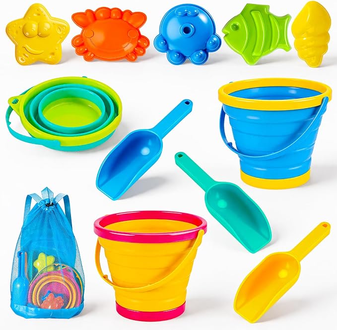 MGparty Collapsible Beach Toys Set for Kids, 3 Pack Foldable Sand Buckets with Shovels Molds Mesh Bag, Portable Travel Sandbox Toys for Toddlers Kids Age 3-10