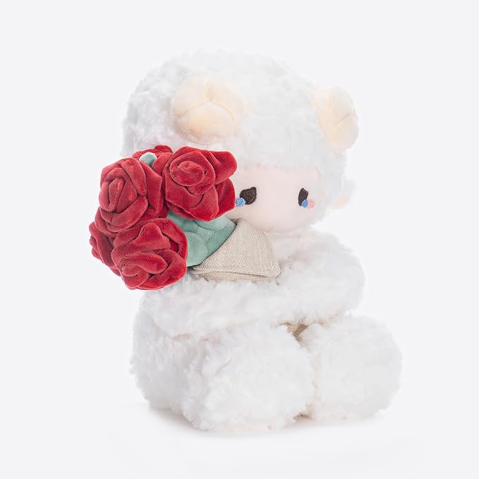 11.4" White Lamb Plush Stuffed Animal with Removable Bouquet of Red Roses - Ultra Soft & Interactive Cuddly Toy Gift, A Surprise That Never Fades