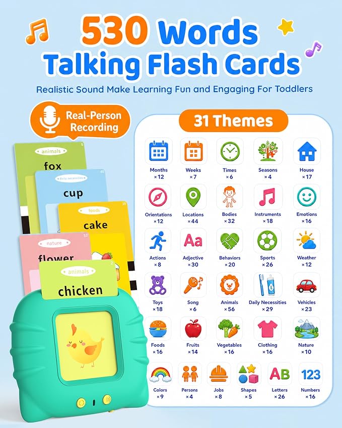 Aullsaty Talking Flash Cards for Toddlers 1-5 Years Old, Upgraded 536 Sight Words with 6 Songs Montessori Autism Sensory Toys, Educational Learning Speech Therapy Birthday Gifts for Boys Girls (Green)