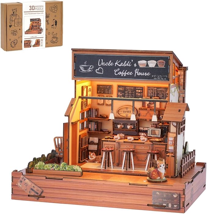 DIY Miniature House Kit Coffee Shop, DIY Miniature Dollhouse Kit with LED Music Light for Room Bookshelf Decor, Tiny House Crafts for Adults, Birthday for Men Women Teens