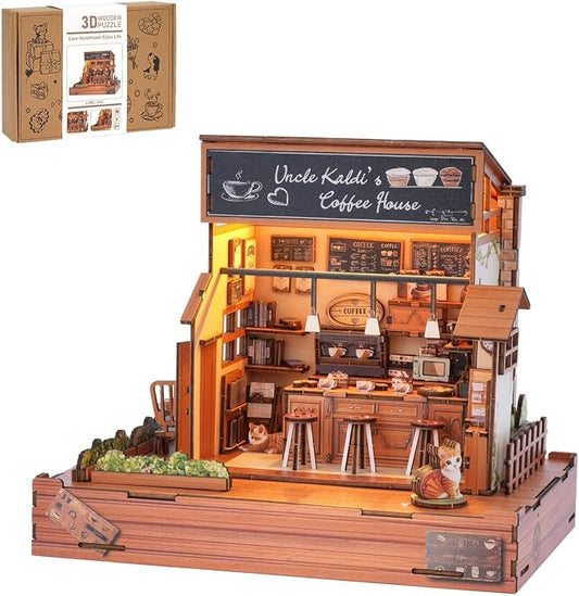 DIY Miniature House Kit Coffee Shop, DIY Miniature Dollhouse Kit with LED Music Light for Room Bookshelf Decor, Tiny House Crafts for Adults, Birthday for Men Women Teens