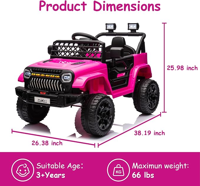 GarveeLife 12V Kids Ride On Truck Electric Vehicle Battery Powered Car Toddlers Ride On Toy for Boys Girls with Remote Control, 4-Wheel Suspension, Battery Display, LED Lights, Music, Rose Red