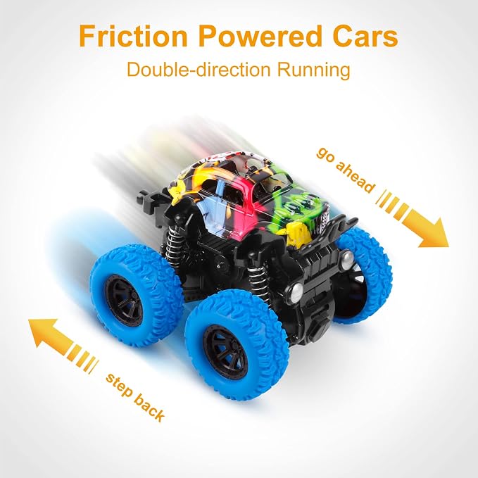 M SANMERSEN Monster Truck Toys for Kids, Friction Cars for Toddlers Push and Go 360° Rotating Stunt Car for 3+ Year Old Boys Girls Gifts (4 Pack - Blue/Green/Red/Yellow)