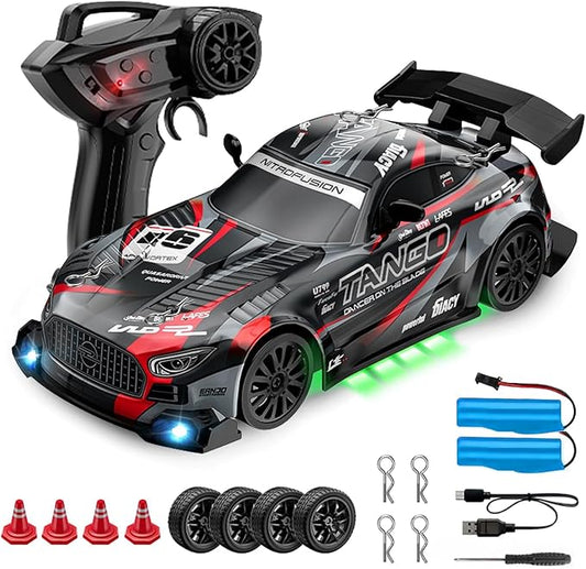RC Drift Car,1:24 4WD High Speed Electric Remote Control Car with LED Lights,Drifting Tires,2 Batteries,Dual Mode Tires,Hobby Racing Toy Car for Adults & Kids