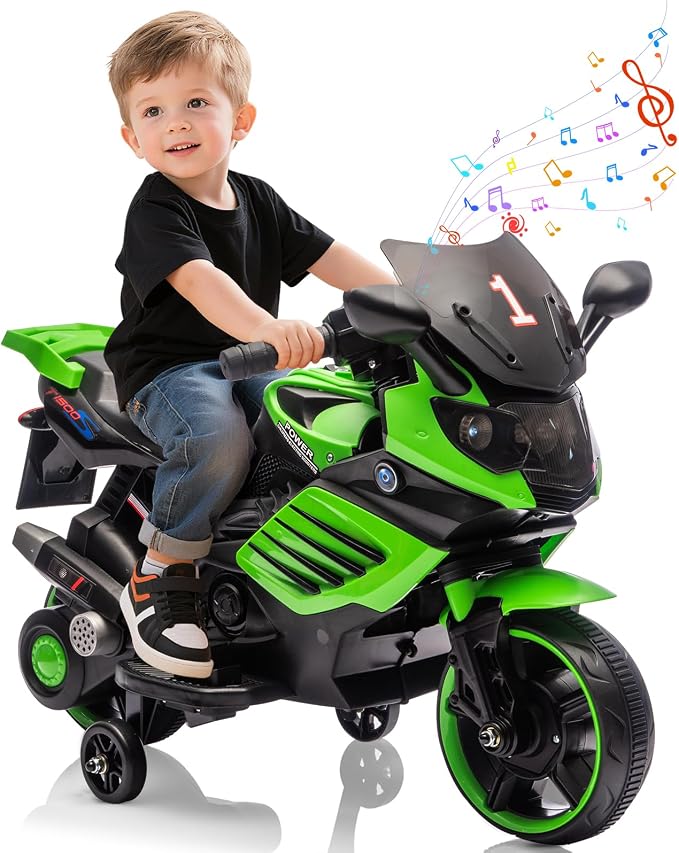 Kids 6V Ride On Motorcycle, Battery Powered Ride On Toys w/Treaded Tires, Working Headlight, Horn, Music, Training Wheels, Stable Electric Toddler Motorcycle for Kids, Gift for Boys Girls, Green