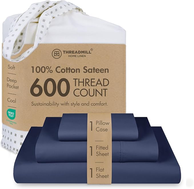 Threadmill 100% Cotton Sheets for Twin Size Bed - 600 Thread Count Twin Bed Sheets Set with 15” Deep Pocket - Sateen Weave 3-Piece Bedding Set with Cooling Effect, Folkstone Blue