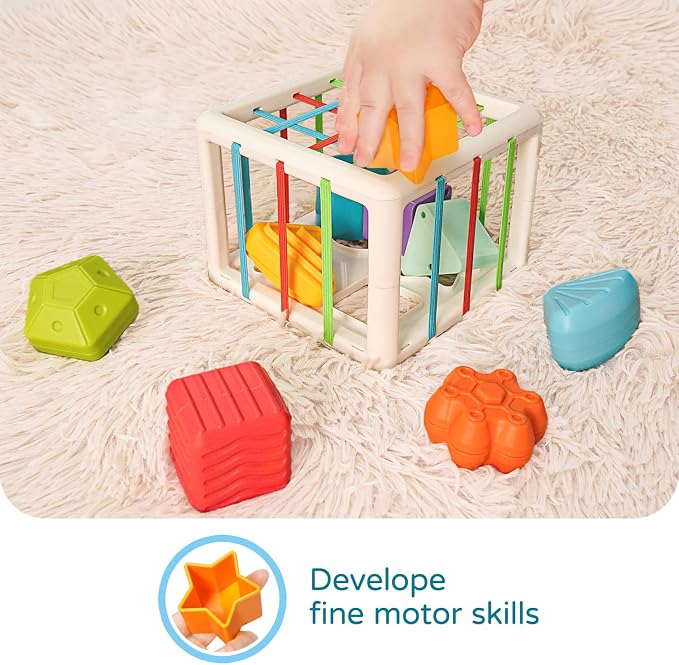 LiKee Montessori Toys for 1 Year Old Multi Sensory Shapes, Toddler Developmental Learning Birthday Gifts, Baby Toys 12+ Months (Shape Sorter Cube)