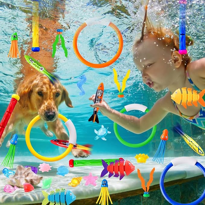 YUJUN 35PCS Pool Diving Swimming Toys, Summer Underwater Game Toys with Pool Fishes Dive Sticks Rings Gems Storage Bag for Kids Swim Birthday Party Favors