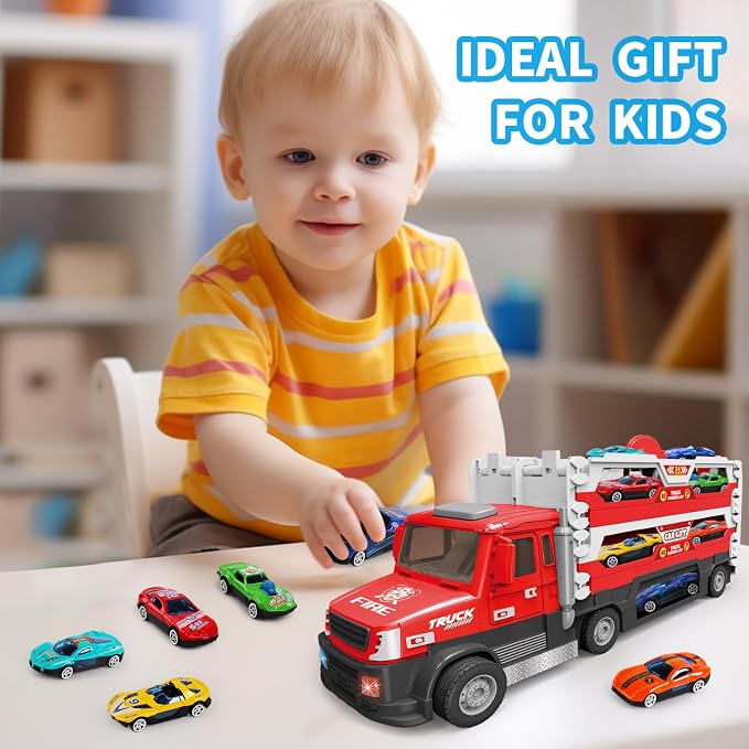 DOWELLIN 6 in 1 Transport Truck Toys for Kids, Police Trucks Carrier Cars with 6Pcs Metal Race Car with Light&Sounds, Toddler Vehicles Toys Gifts for Boys Girls Age 3 4 5 6 7 8-Red