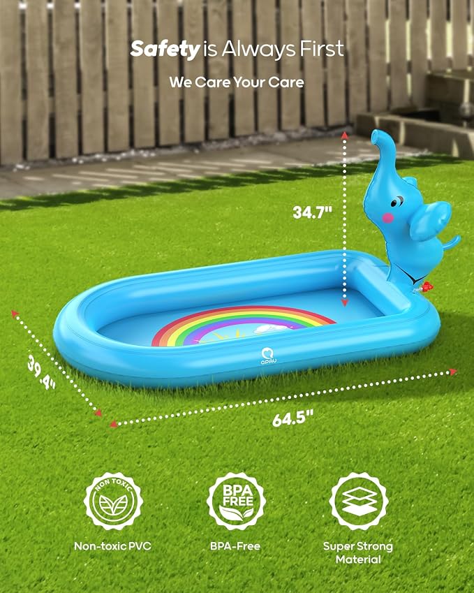 QPAU Splash Pads for Toddlers 1-3, Blue Elephant Toy Splash Pad for Kids, Outdoor Play Mat for Babies, Inflatable Sprinkler Pool for Birthday Girl Gifts 1 Year Old Girl