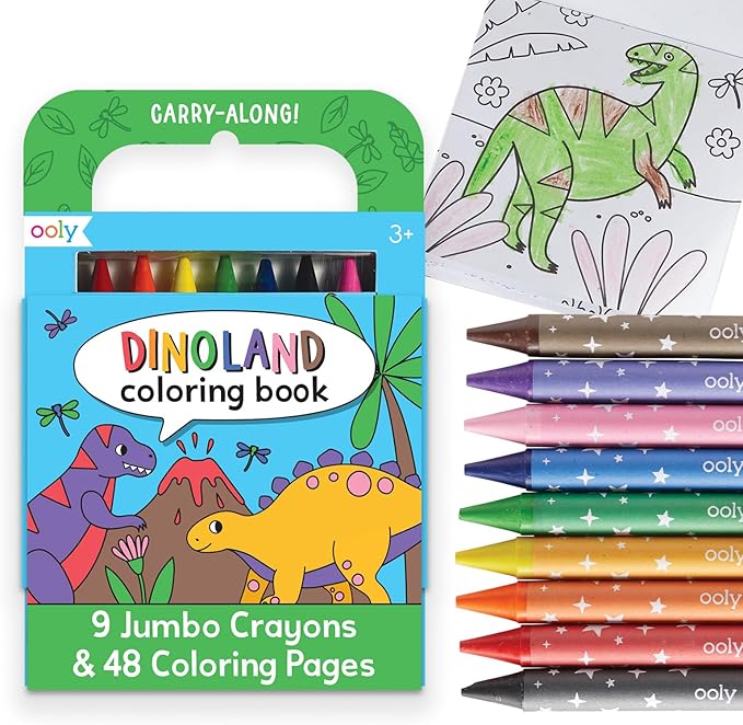 Ooly Kids Travel Activity Kit – 9 Jumbo Crayons & 48 Coloring Pages, Car Crafts for Kids, Mess-Free Road Trip Art Set, Airplane Activities – Dinoland