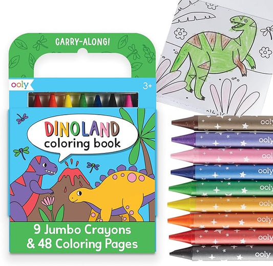 Ooly Kids Travel Activity Kit – 9 Jumbo Crayons & 48 Coloring Pages, Car Crafts for Kids, Mess-Free Road Trip Art Set, Airplane Activities – Dinoland