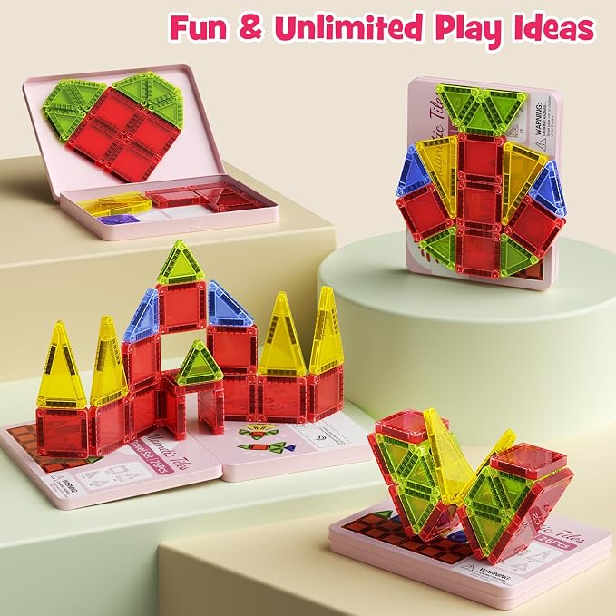 26PCS Mini Magnetic Tiles Travel Set Iron Box Storage Baseplate, Portable Magnetic Building Blocks STEM Toy for Kids 3+