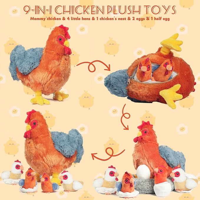 9 in 1 Chicken Stuffed Animal Set, Stuffed Chicken Plush Toy for Kids Zippered Egg Laying Hen with Coop Baby Chicks and Eggs, Chickens Toys for Kids Girls Boys Christmas Birthday Gift