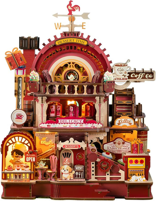 DIY 3D Wooden Puzzles for Adults,Dessert Atelier Electrically Powered – Movable Dessert & Coffee Lines Dollhouse Kit with LED Arts and Crafts for Home Decor Creative Gift for Boys Girls