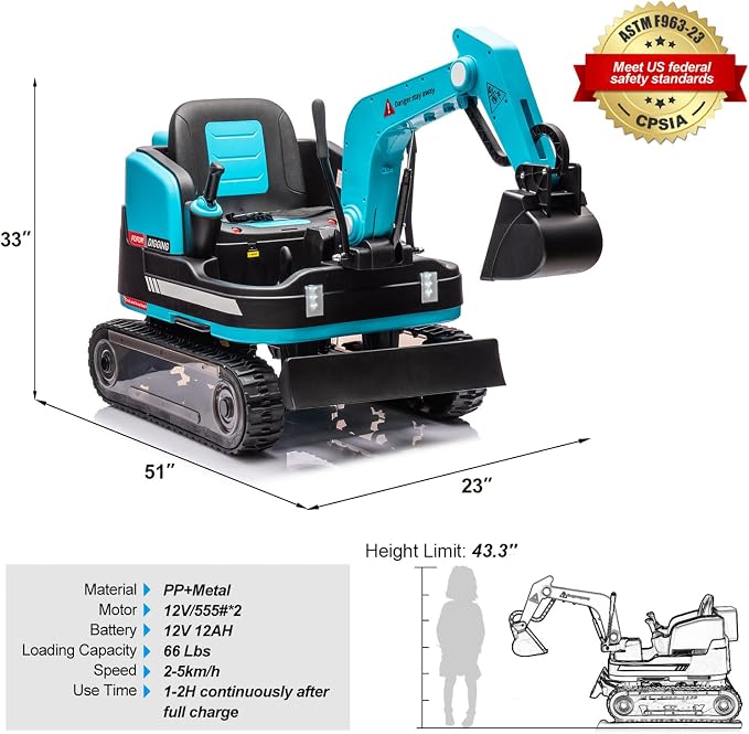 JOYLDIAS 360 Degree Rotating Ride On Excavator and Bulldozer,12V12AH Battery Powered Ride On Toy Backhoe W/Track Design Wheels for All Terrain,Remote Control,MP3,Toolbox for Kids,Parent,Blue