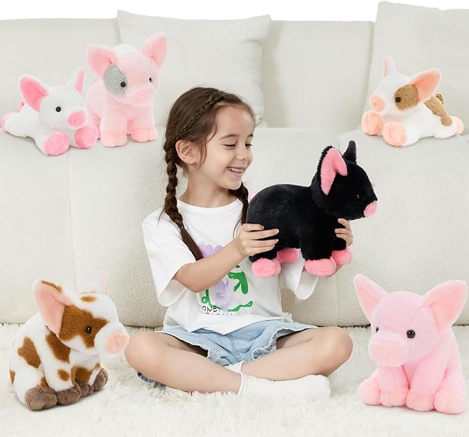 Tezituor 6 Pack Pig Stuffed Animals, 10 Inch Pig Plush Toys Bulk, Cute Soft Assorted Pig Plushies in Pink, White and Spotted, Farm Animal Plush Toys for Kids, Birthday Gifts, Party Favors